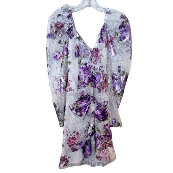 For Love & Lemons Purple Metallic Floral Lace Ruffle Cut Out Cocktail Mini Dress - Picture 4 of 13